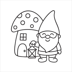 Cute Gnome with Lantern and Mushroom House Coloring Page