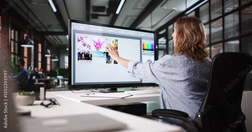 Poster woman using multiple screens to edit photo design