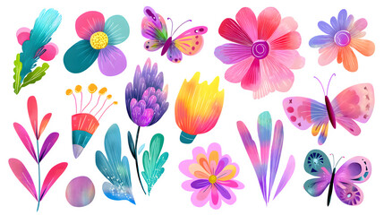 A set of vibrant and playful spring-themed elements like abstract flowers, butterflies, and pastel colors, isolated on Transparent Background.