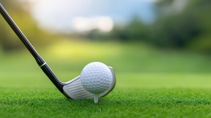 Golf ball on tee with golf club ready for swing