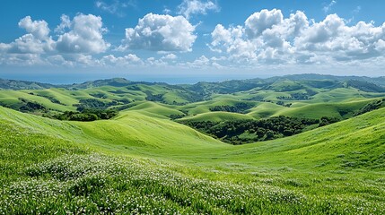 Verdant hills embrace a serene ocean vista