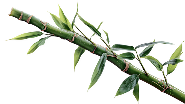 A single, elegant bamboo stalk with detailed nodes and leaves, isolated on Transparent Background.
