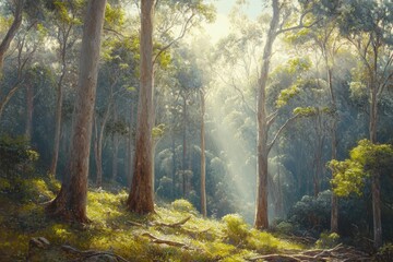 Fototapeta premium Sunlight filters through trees in a tranquil forest environment, Sun rays and light shines through forest canopy in Australia native forest