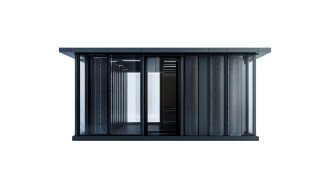 Modern IT Data Server Room with High-Tech Racks, Cables, and Network Equipment, Isolated on White Background