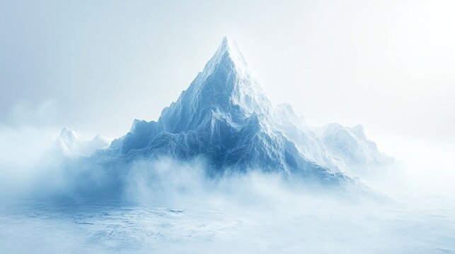 A majestic, snow-capped peak rises from a misty, icy plain under a bright, pale sky; its sharp, jagged edges and textured surface are dramatically illuminated - Powered by Adobe