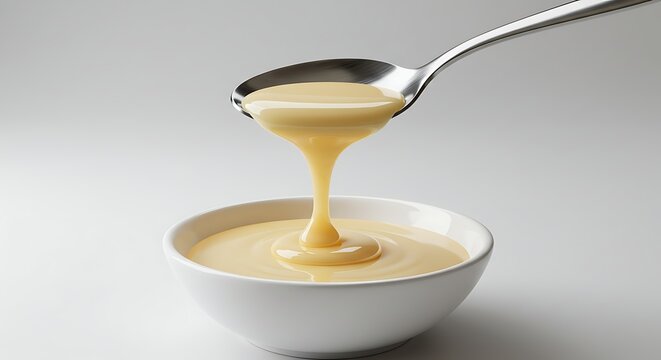 Silver spoon filled with thick condensed milk hovering above a ceramic bowl