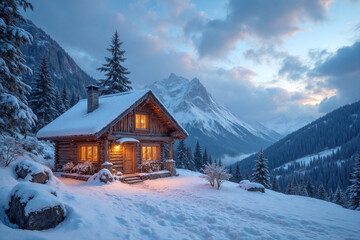 log cabin in the middle of a snowy forest 2