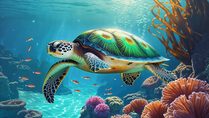 Obraz premium A majestic sea turtle glides through a vibrant coral reef ecosystem underwater.