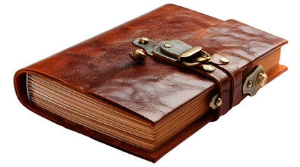 A single, high-quality leather journal with a secure clasp, isolated on Transparent Background.
