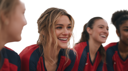 Group of smiling female volleyball players in red uniforms isolated on transparent background