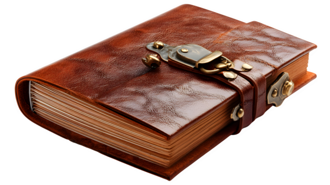 A single, high-quality leather journal with a secure clasp, isolated on Transparent Background.