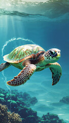 Obraz premium A magnificent sea turtle glides through the clear blue ocean, an enchanting marine sight.