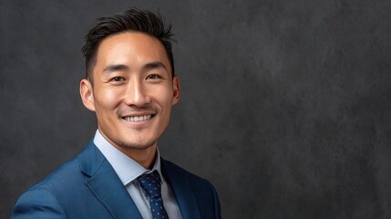 Professional Headshot of Asian Manager in Blue Suit Smiling