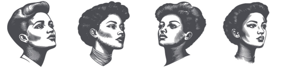 Vintage Engraving Illustrations of Elegant Female Profiles in Profile View