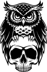 Obraz premium Owl tattoo design in SVG format. Owl Illustration on Skull Background in Black and White