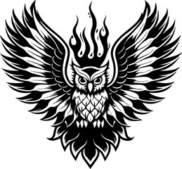 Obraz premium Owl tattoo design in SVG format. Majestic Black and White Owl with Fiery Wings Design