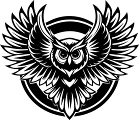 Owl tattoo design in SVG format. Intricate Black and White Owl with Open Wings Design