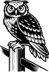 Naklejka premium Owl tattoo design in SVG format. Black and White Artistic Owl Illustration Perched on Post