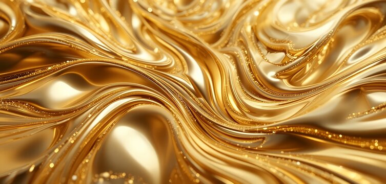 Abstract flowing liquid gold texture with smooth shiny metallic waves and glittery highlights