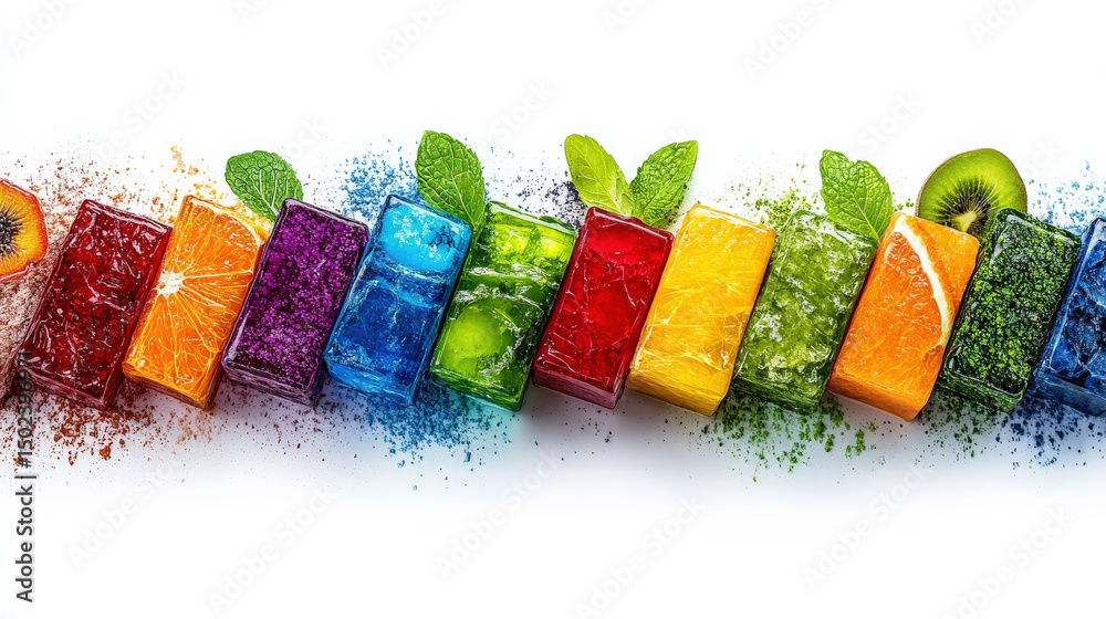 Aufkleber colorful fruit cubes arranged in vibrant rainbow pattern, each cube featuring different fruit and ga
