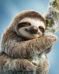 A sleepy sloth hugging a mossy tree branch set in a cozy, serene woodland, radiating relaxation and nature's comfort