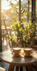Two cups of latte art on a table, sunlight streams through a window