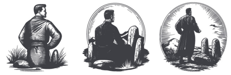 Obraz premium Vintage Engraving of Man Contemplating Nature in Linocut Style