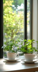Fototapeta premium Two white coffee cups on a table, overlooking a garden through a window. Sunlight streams in, illuminating the scene