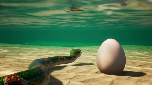 Colorful snake swimming near a white egg in a serene desert oasis with palm trees and mountains in the background - snake and egg