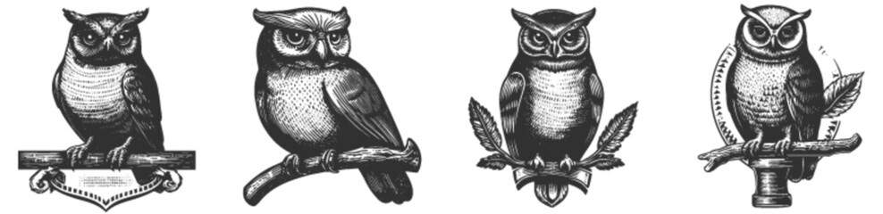 Obraz premium Classic Owl Engravings in Vintage Style for Decorative Illustrations