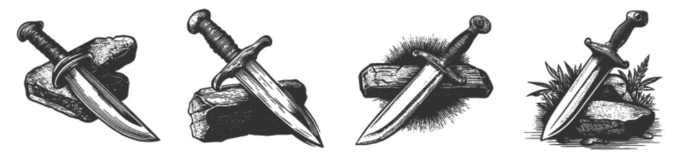 Obraz premium Detailed Engraving Illustration of Classic Knives on Stone Base