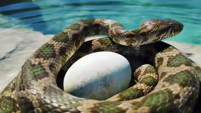 A close-up of a snake coiled around a white egg near a tranquil blue water body, highlighting nature's beauty - snake and egg