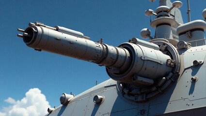 A futuristic sleek railgun protrudes from the side