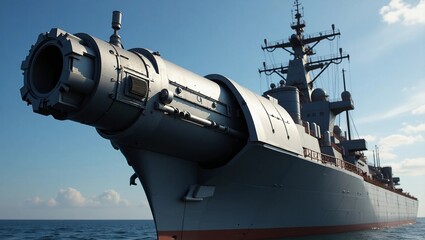 A futuristic sleek railgun protrudes from the side