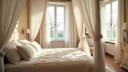 Serene Bedroom Interior: Bathed in soft light, this inviting bedroom features an elegant canopy bed draped with flowing curtains, creating a tranquil retreat.
