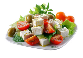Fresh Green Salad with Cherry Tomatoes, Feta Cheese, Cucumbers, and Mixed Greens, On Transparent Background, Png
