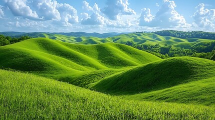 Verdant undulating hills under a sunny sky
