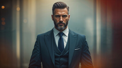 Fototapeta premium A handsome businessman in a navy suit, looking directly at the camera with confidence and style.