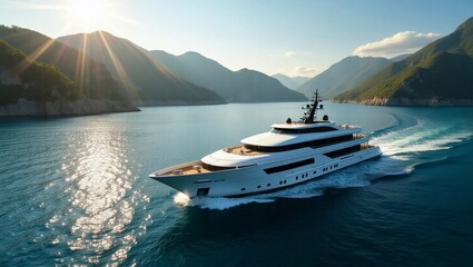 A sleek modern ship navigates through the tranquil lake