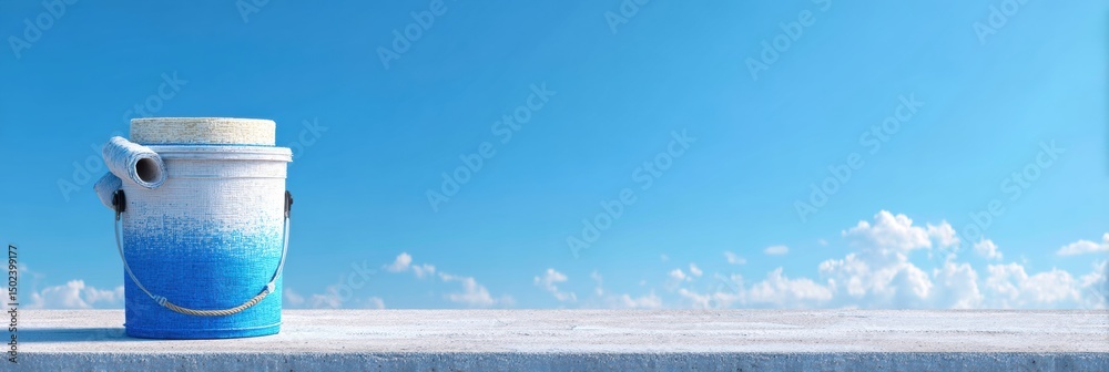 Poster bucket of facade adhesive rests on a work surface with rolled insulation under clear blue sky at a c