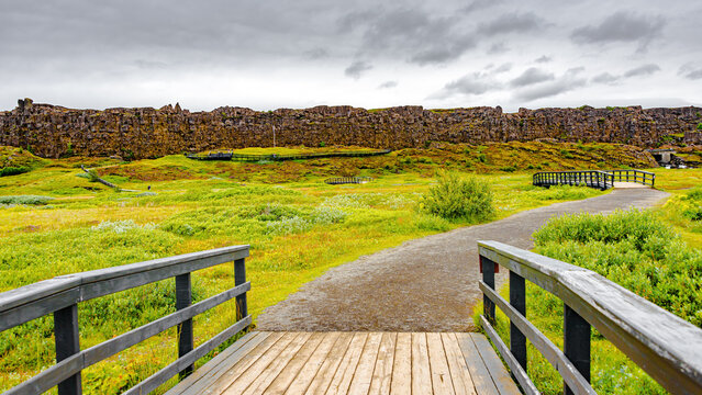 Thingvellir National Park, Iceland, Famous geological and historical site with a river stream, summer, South West Iceland, scenic dramatic view