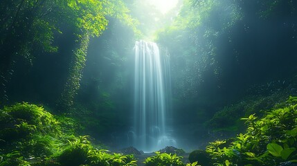 Verdant waterfall cascades through sunlit jungle