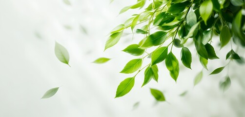 Obraz premium Closeup of fresh green leaves gently swaying against a soft white background