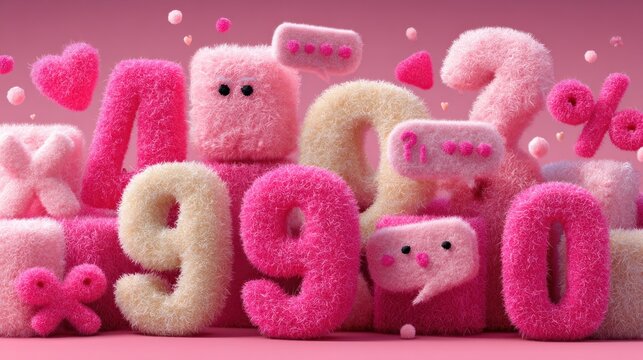 Fluffy, playful numbers and symbols in a soft pink aesthetic