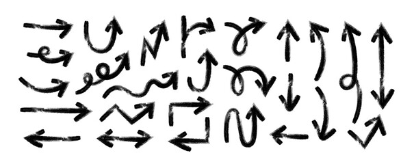 Arrows in Grunge style Set, Grunge arrow brush drawn, hand sketched scribbles doodle decorative direction pointers element design vector collection