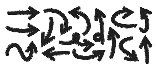 Obraz premium Arrows in Grunge style Set, Grunge arrow brush drawn, hand sketched scribbles doodle decorative direction pointers element design vector collection