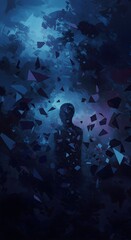 Futuristic and abstract digital artwork depicting a silhouette of a person surrounded by swirling chaos and floating debris in a cosmic or dream-like environment