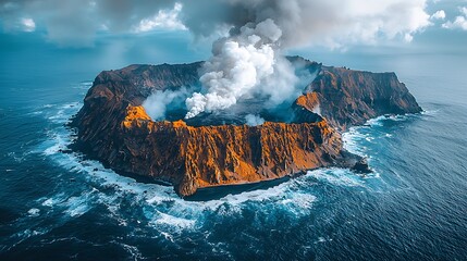 Volcano island erupts surrounded by turbulent ocean