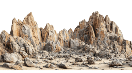 Amazing panoramic view of steep rocks with high cliffs on transparent background. PNG