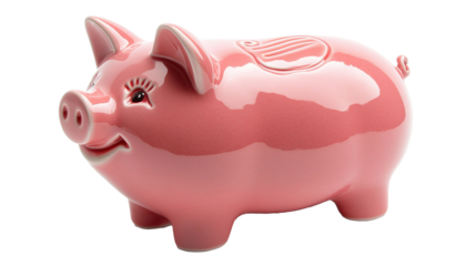 Pink ceramic piggy bank for money savings and financial investment, isolated on transparent background. PNG